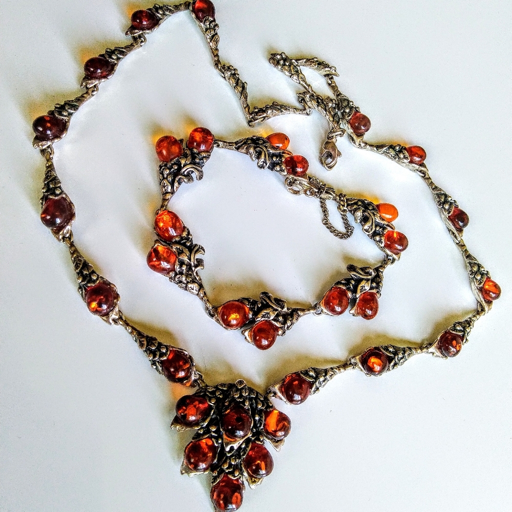 Vintage Amber Sterling Silver Necklace & Bracelet